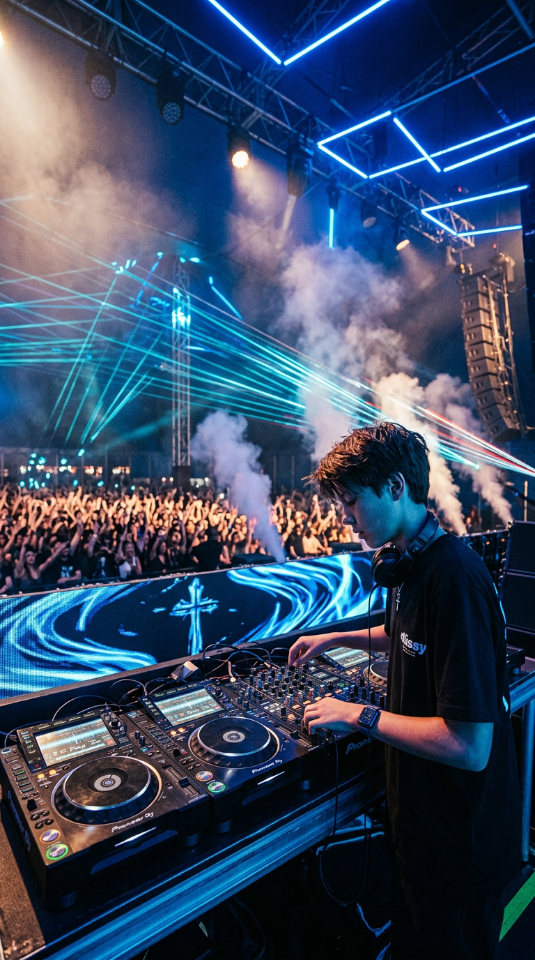 DJTTOT performing on stage with electric blue lights and lasers